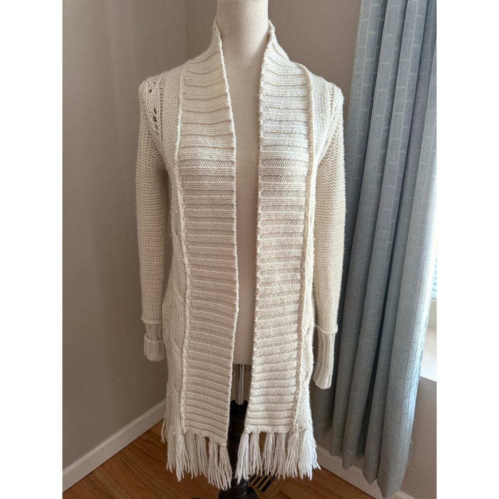 American Eagle Y2K Chunky Cable Knit Fringe Duster Sweater Cream Ivory Size XS
